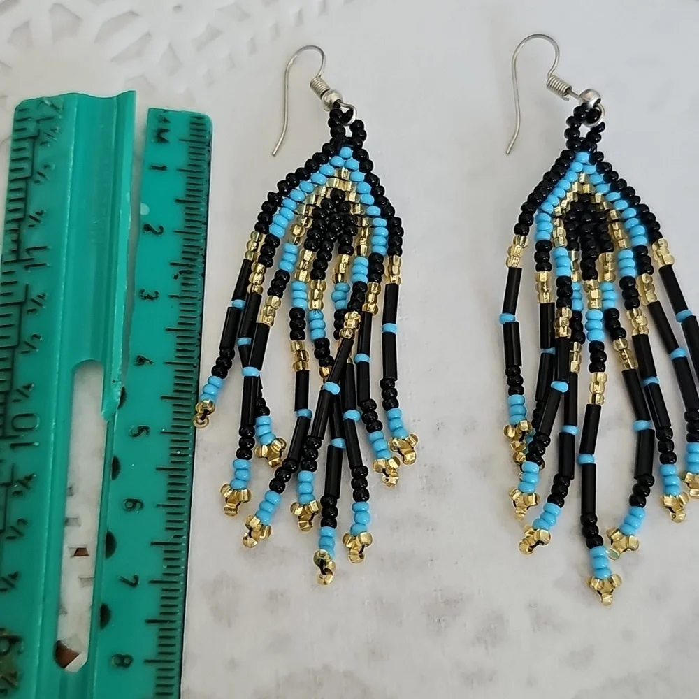 Chic Beaded Fringe Earrings in Black, Blue, and Gold - Picture 4 of 4